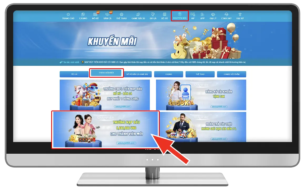 Bước 1: Tại "KHUYẾN MÃI" chọn " THƯỞNG NẠP ĐẦU 8,888,000 VND".